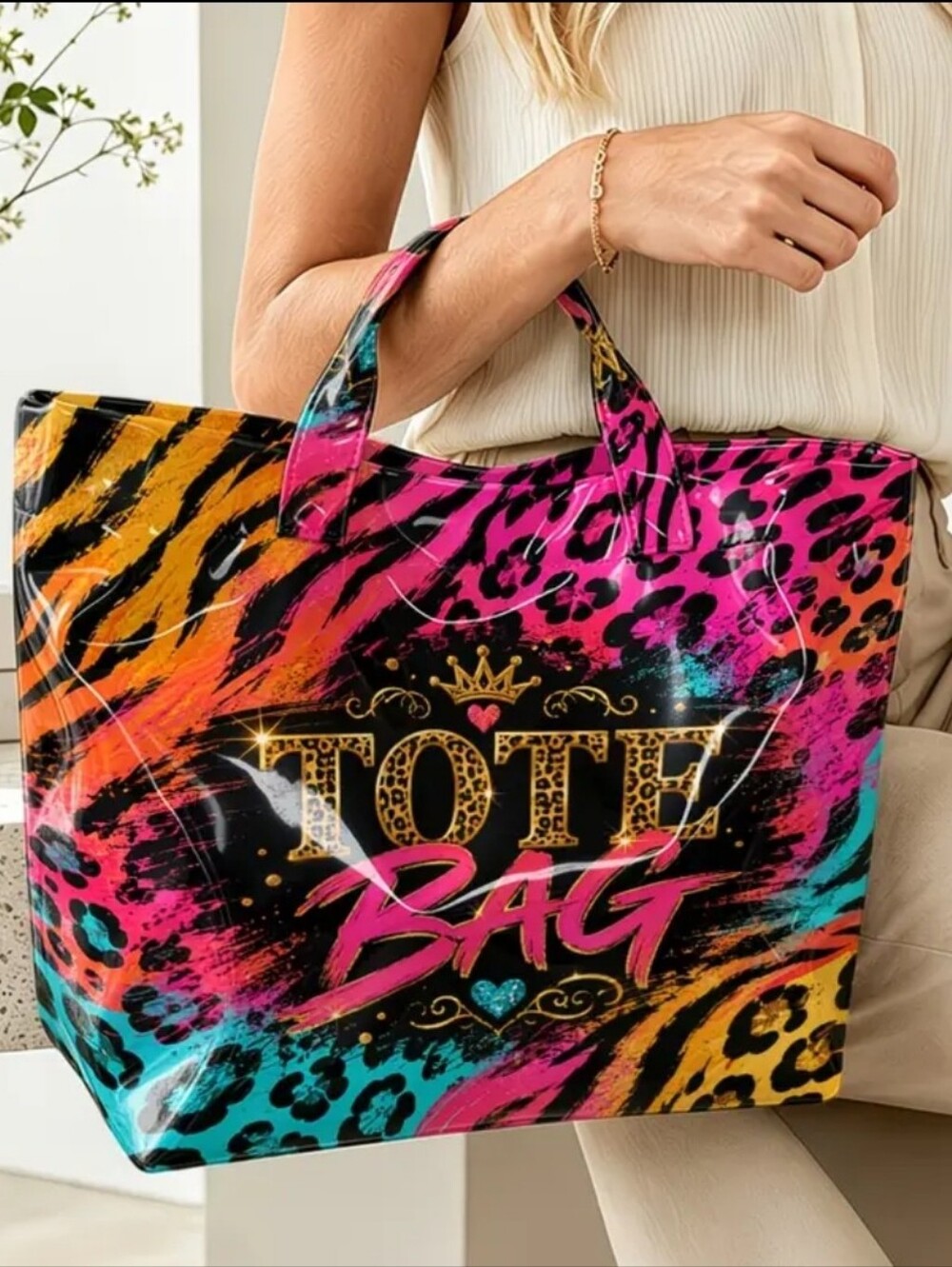 Women Tiger Leopard Print PVC Daily Commute Tote Bag Large